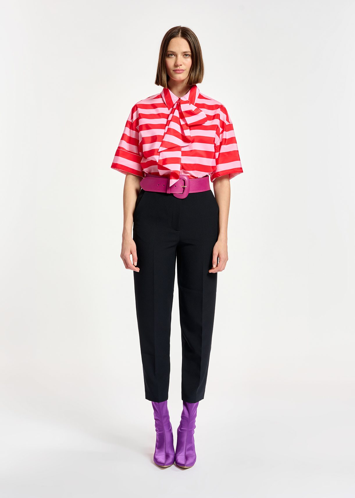 Red and pink striped shirt with pussy bow Essentiel Antwerp UK