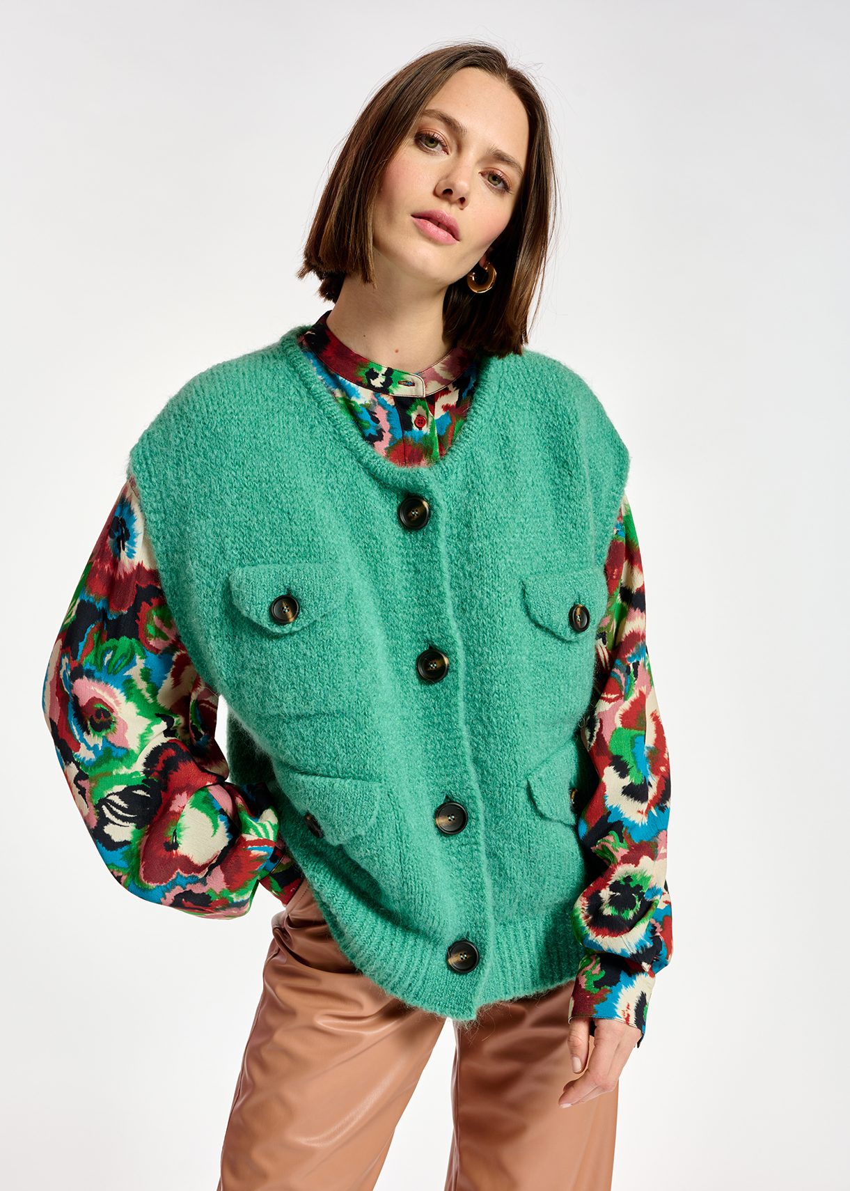 Teal sleeveless mohair-blend cardigan 