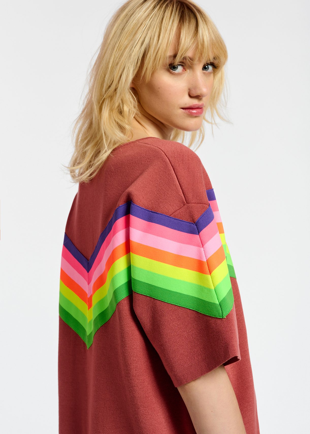 Brown knit sweater with multicolor stripes Essentiel Antwerp UK