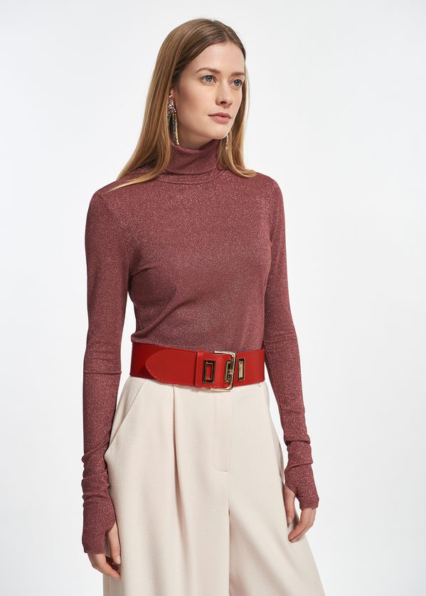 Dark pink lurex turtleneck top - Essentiel Antwerp - French website